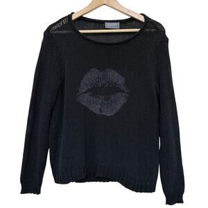 WOODEN SHIPS black gray open knit lips kiss print long sleeve cotton sweater top